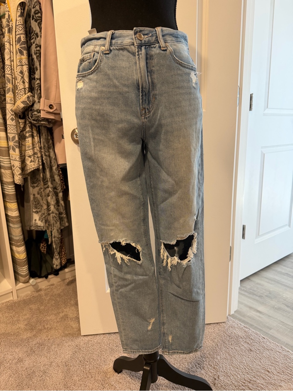 Distressed Straight Leg Women’s Jeans - Light Blue
